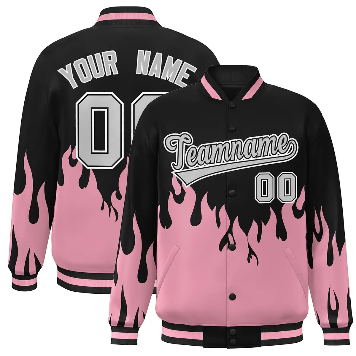 Pink Black-Gray Flame Graffiti Varsity Full-Snap Bomber Jacket