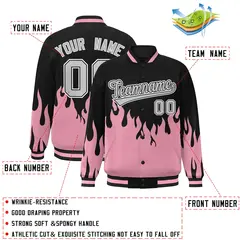 Pink Black-Gray Flame Graffiti Varsity Full-Snap Bomber Jacket 2