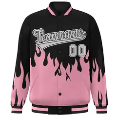 Pink Black-Gray Flame Graffiti Varsity Full-Snap Bomber Jacket 3