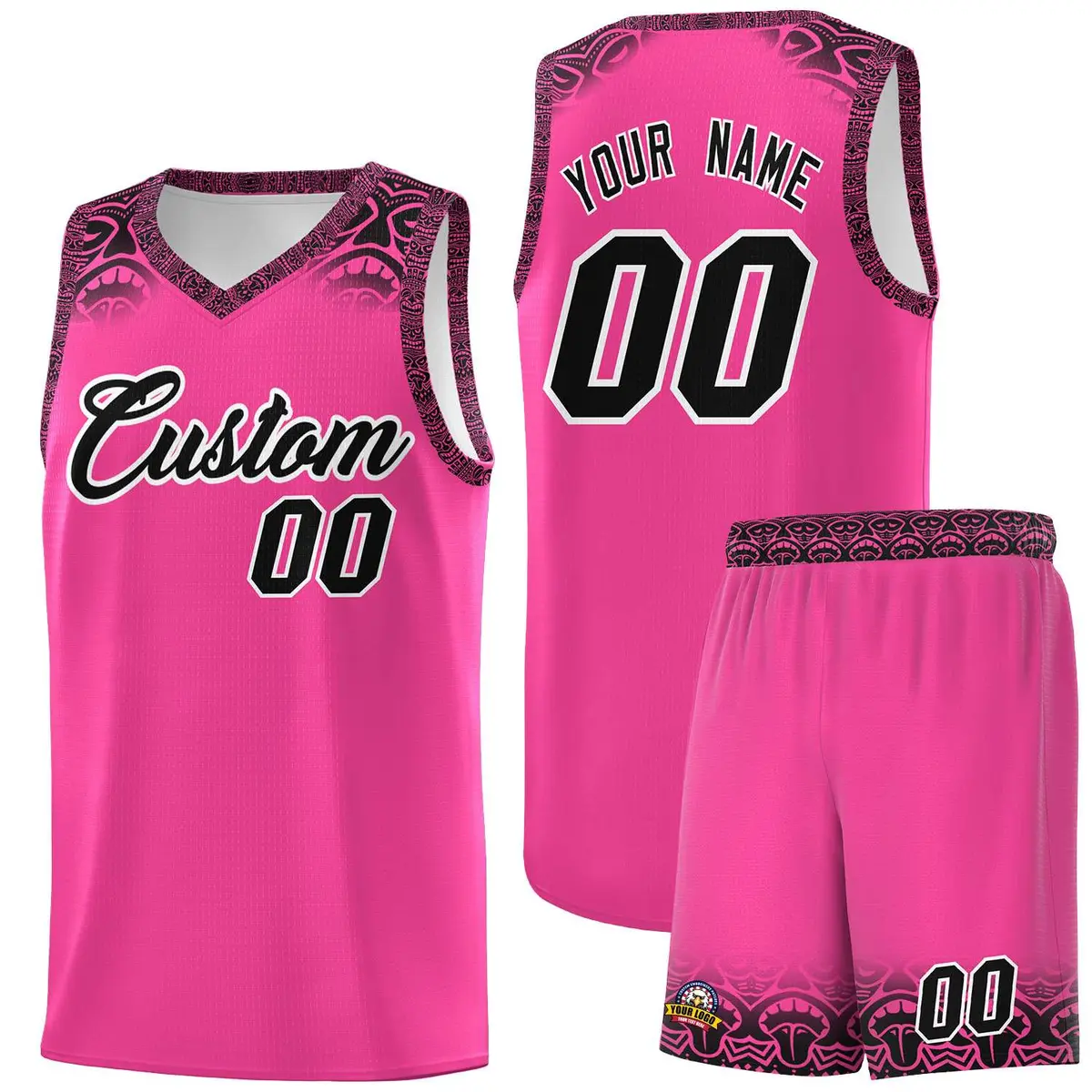 Pink Black Indians Print Basketball Uniform Jersey