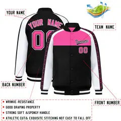 Pink Black K-Ribbon Raglan Full-Snap Color Block Letterman Jacket 2