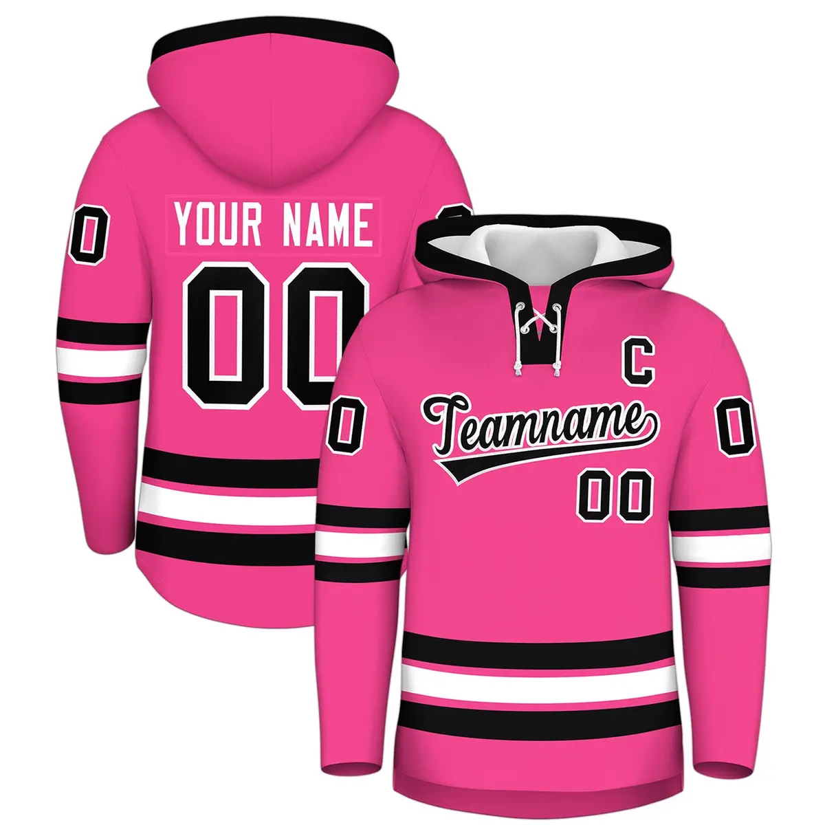 Pink Black Lace-Up Neck Hockey Hoodie Classic Style