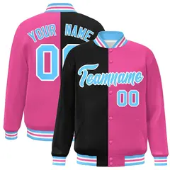 Pink Black-Light Blue Split Two Tone Letterman Varsity Full-Snap Jacket