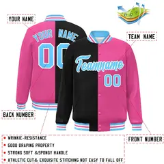 Pink Black-Light Blue Split Two Tone Letterman Varsity Full-Snap Jacket 2