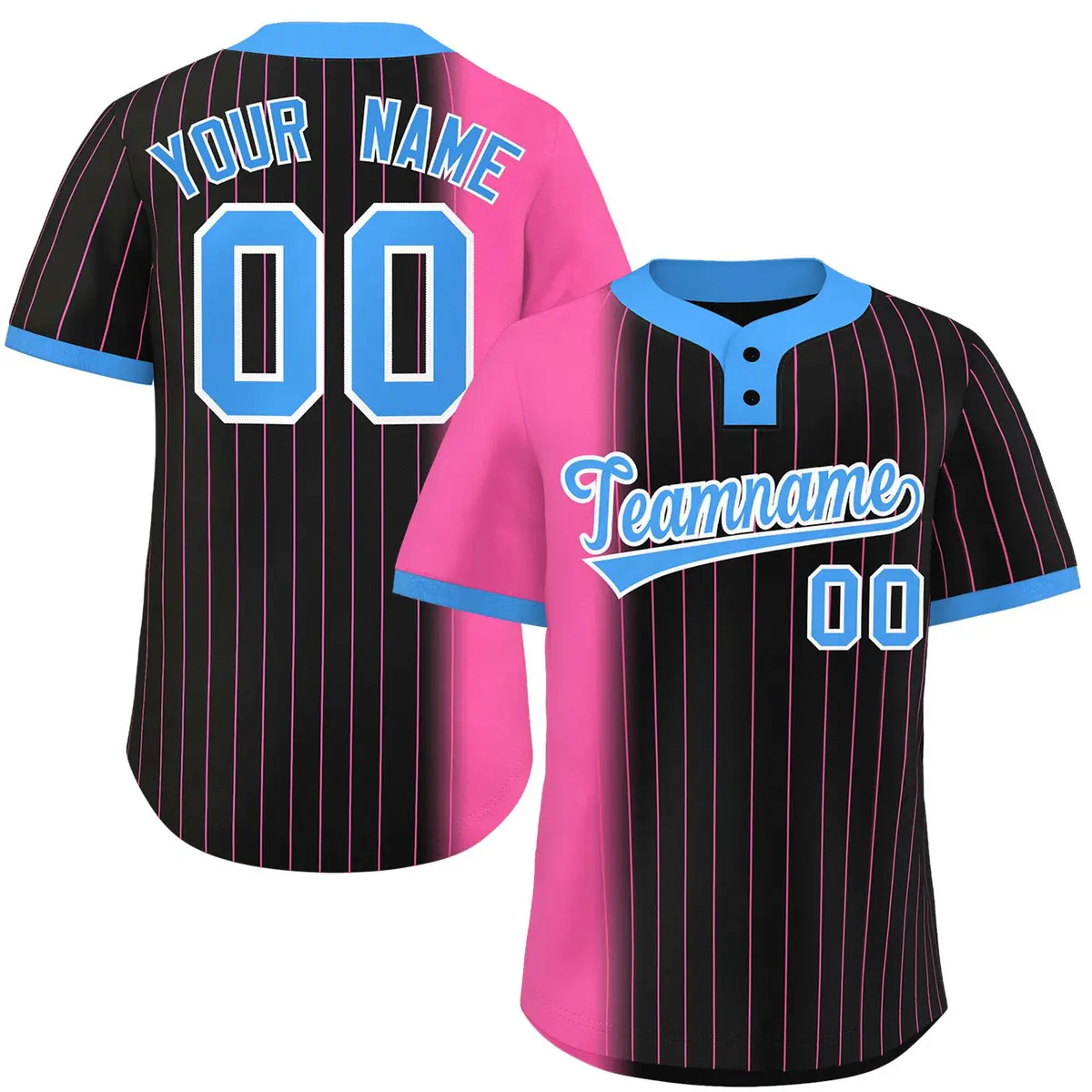 Pink Black-Powder Blue Gradient Stripe Two-Button Softball Jersey