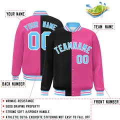 Pink Black-Powder Blue Split Two Tone Letterman Varsity Full-Snap Jacket 2