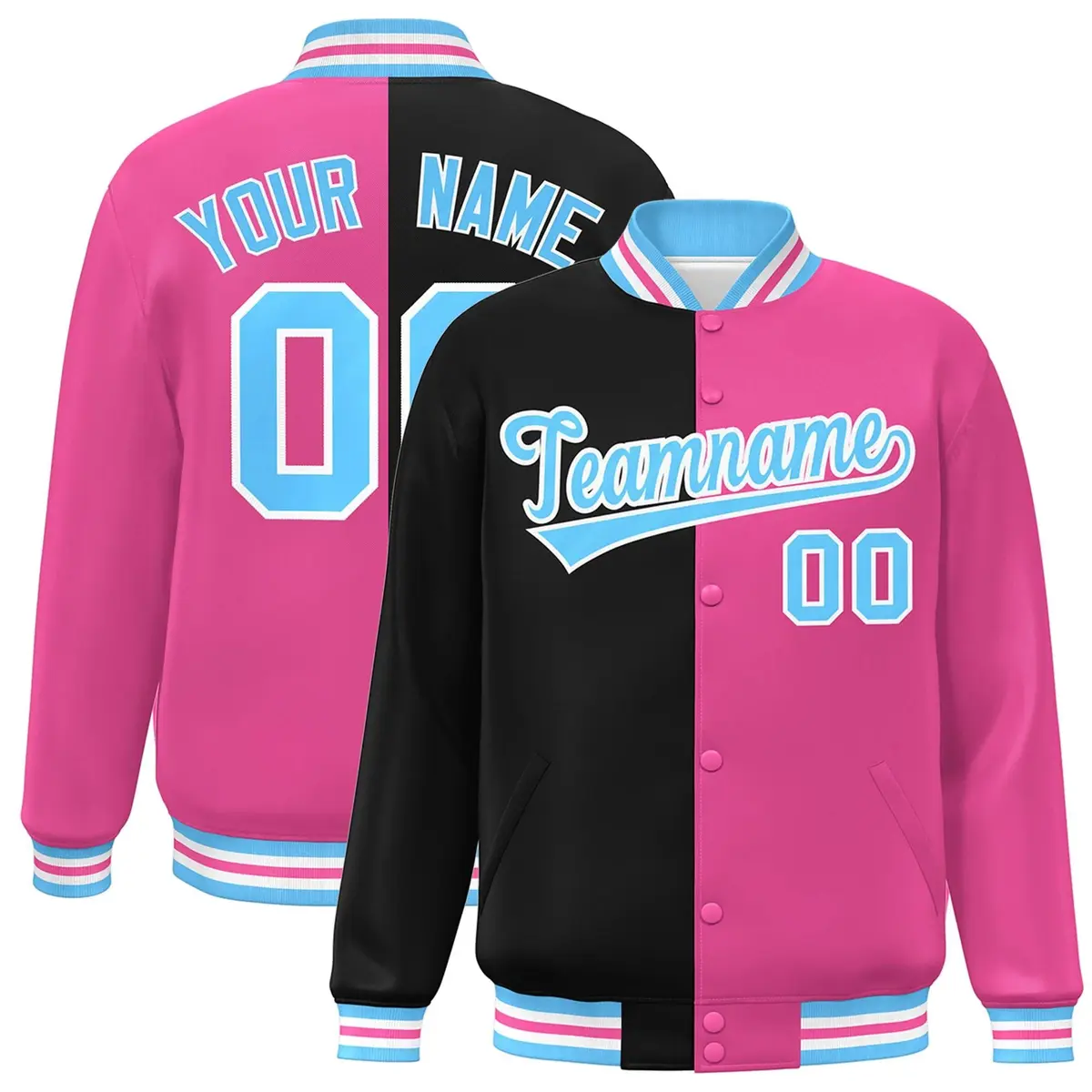 Pink Black-Powder Blue Split Two Tone Letterman Varsity Full-Snap Jacket