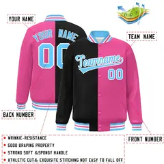 Pink Black-Powder Blue Split Two Tone Letterman Varsity Full-Snap Jacket 2