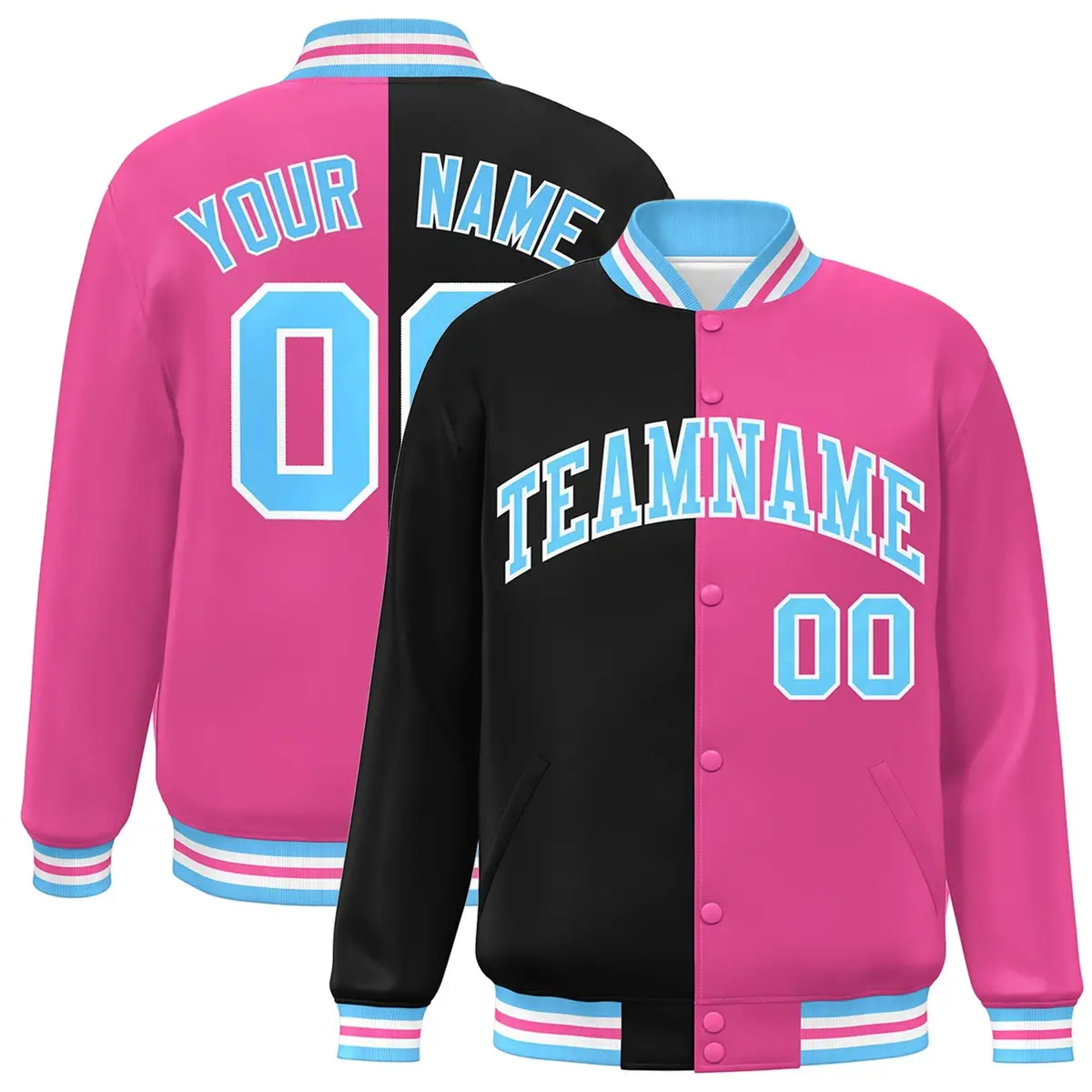 Pink Black-Powder Blue Split Two Tone Letterman Varsity Full-Snap Jacket