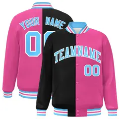 Pink Black-Powder Blue Split Two Tone Letterman Varsity Full-Snap Jacket