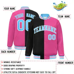 Pink Black-Powder Blue Split Two Tone Letterman Varsity Full-Snap Jacket 2