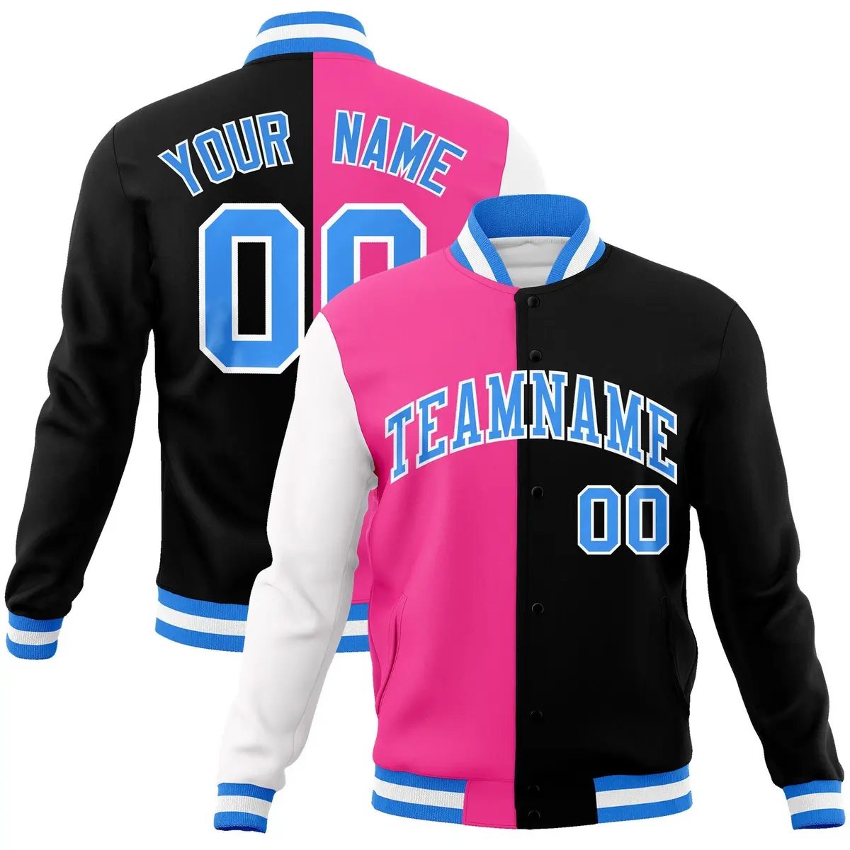 Pink Black Powder Blue Split Varsity Full-Snap Letterman Jacket
