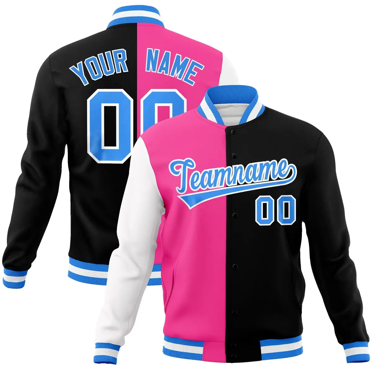 Pink Black Powder Blue Split Varsity Full-Snap Letterman Jacket