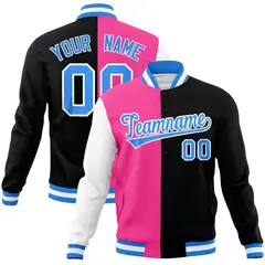 Pink Black Powder Blue Split Varsity Full-Snap Letterman Jacket