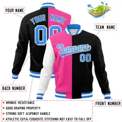 Pink Black Powder Blue Split Varsity Full-Snap Letterman Jacket 4