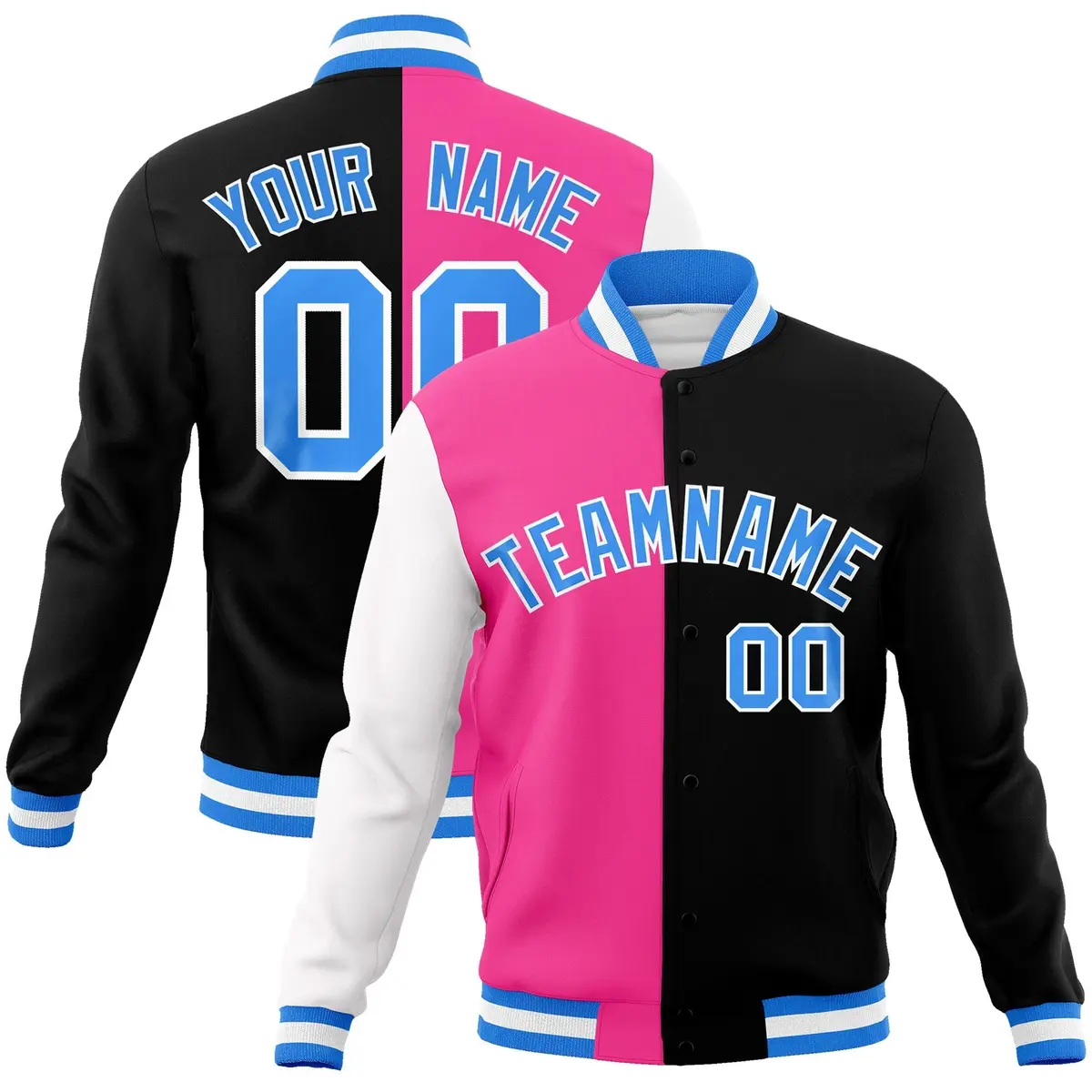 Pink Black Powder Blue Split Varsity Full-Snap Letterman Jacket