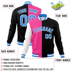 Pink Black Powder Blue Split Varsity Full-Snap Letterman Jacket 4