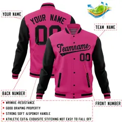 Pink Black Raglan Full-Snap Varsity Letterman Baseball Jacket 4