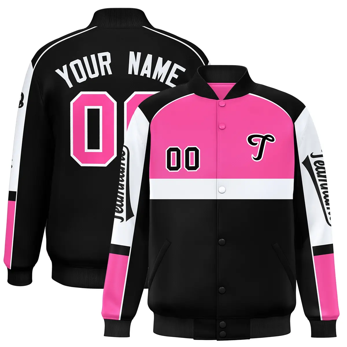 Pink Black Raglan Sleeves Full-Snap Varsity Letterman Jacket