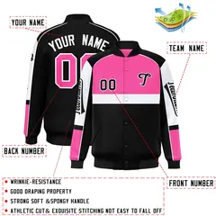Pink Black Raglan Sleeves Full-Snap Varsity Letterman Jacket 2