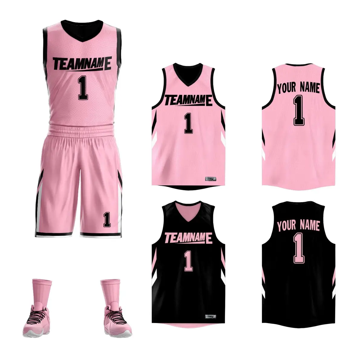 Pink Black Reversible Sportswear Basketball Jersey Sets