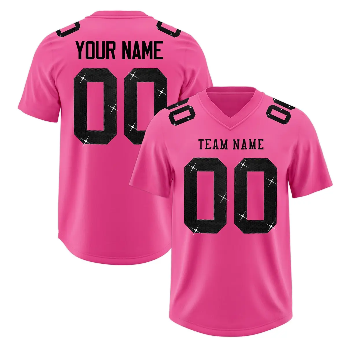 Pink Black Sequin Lettering Stretch Football Jersey