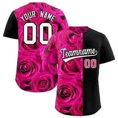 Pink Black Split Rose Print Baseball Jersey