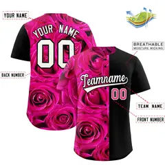 Pink Black Split Rose Print Baseball Jersey 2