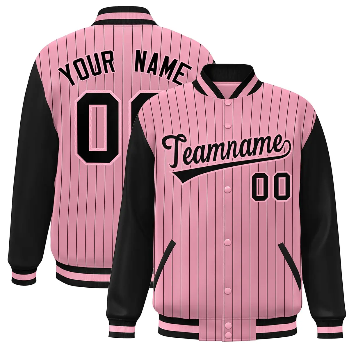 Pink Black Stripe Varsity Bomber Jacket with Raglan Sleeves