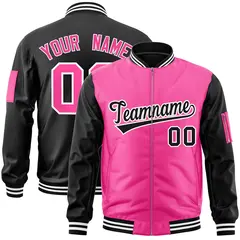 Pink Black Two-Tone Varsity Full-Zip Letterman Bomber Jacket