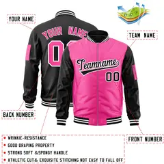 Pink Black Two-Tone Varsity Full-Zip Letterman Bomber Jacket 2