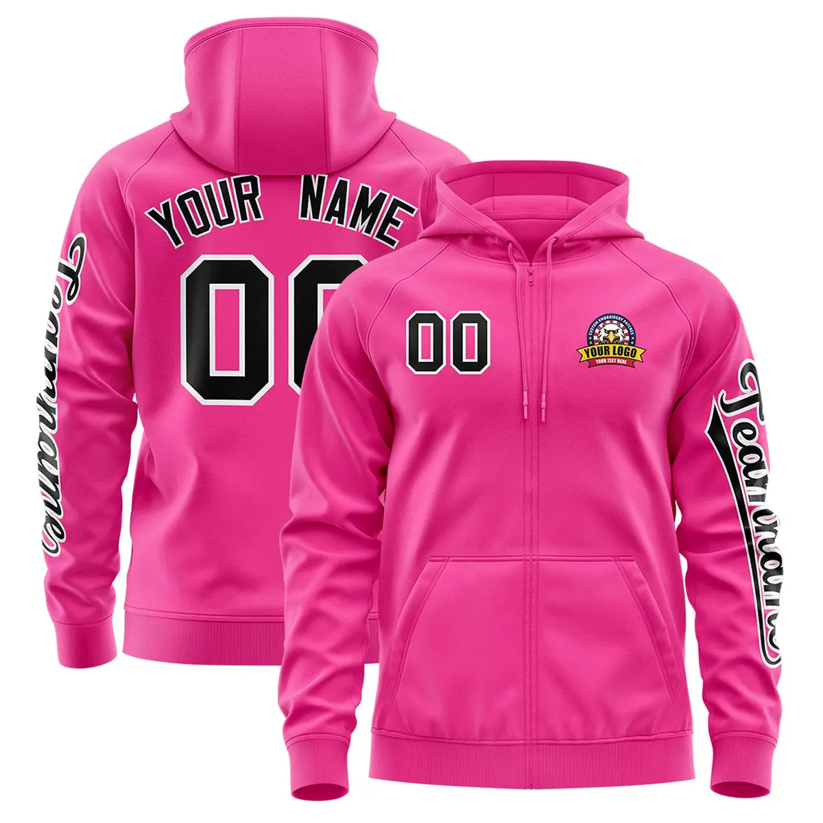 Pink Black Varsity Full-Zip Letterman Classic Jacket Hoodie
