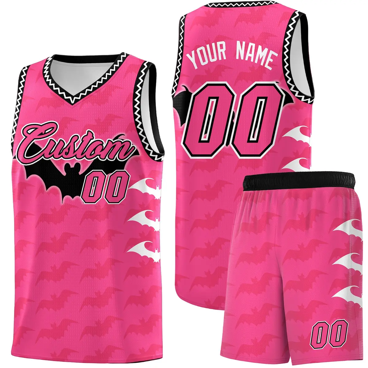 Pink Black White Bat Pattern Halloween Basketball Jersey