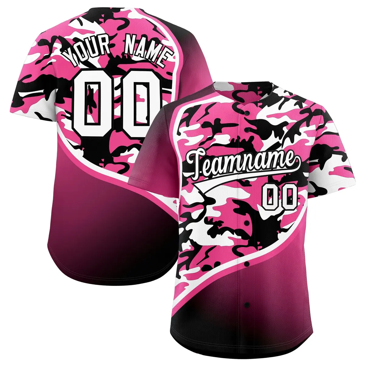 Pink Black White Camo Gradient Fashion Baseball Jersey