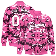 Pink Black-White Camo Varsity Full-Snap Letterman Jacket