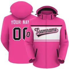 Pink Black-White Color Block Hooded Waterproof Jacket 1