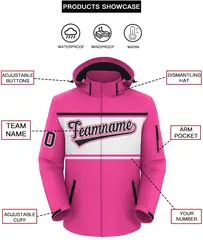 Pink Black-White Color Block Hooded Waterproof Jacket 2