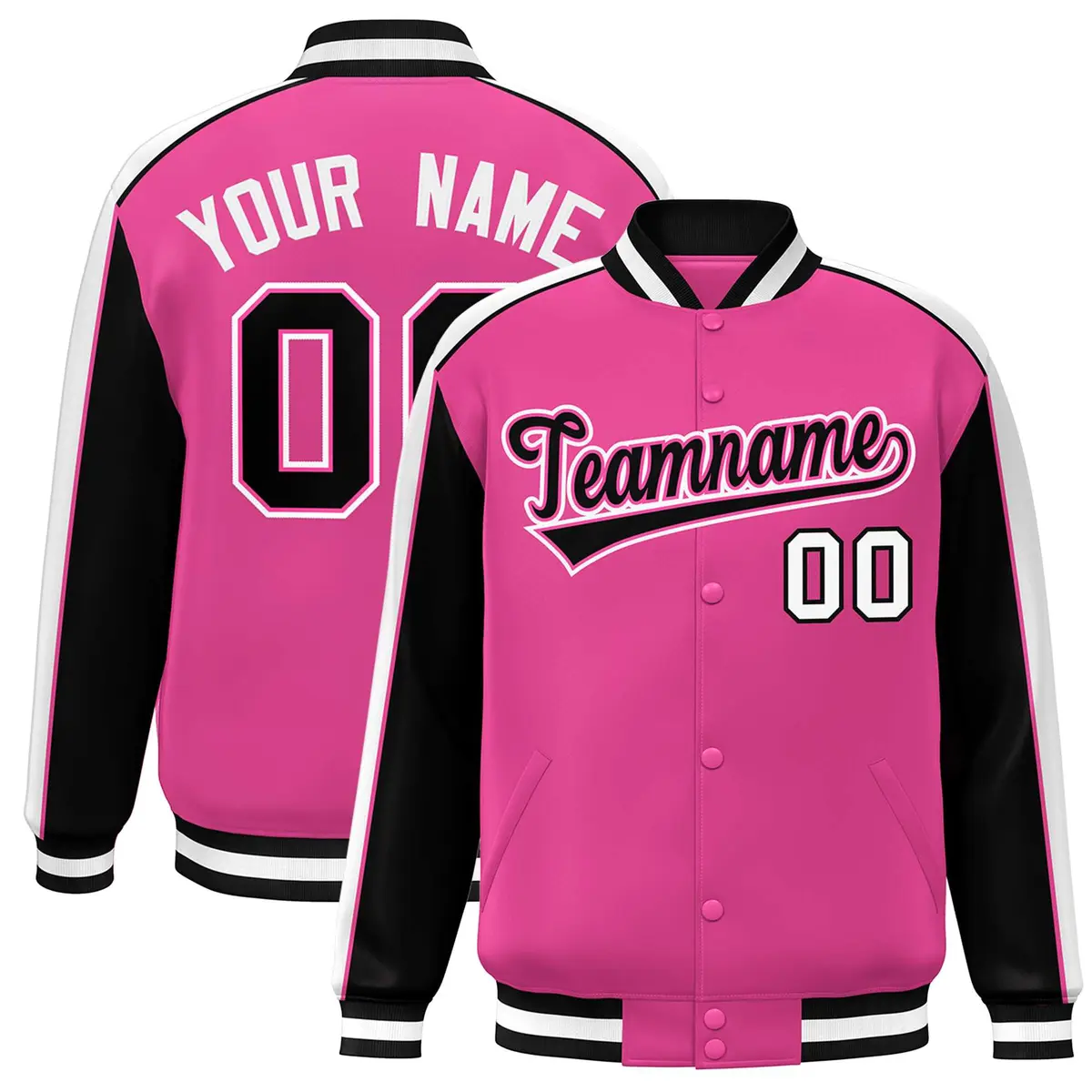 Pink Black-White Color Block Varsity Full-Snap Baseball Jacket