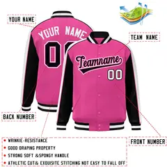Pink Black-White Color Block Varsity Full-Snap Baseball Jacket 2