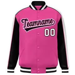 Pink Black-White Color Block Varsity Full-Snap Baseball Jacket 3