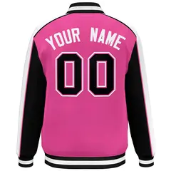 Pink Black-White Color Block Varsity Full-Snap Baseball Jacket 4