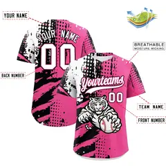 Pink Black White Full-Snap Tiger Graffiti Baseball Jersey 2