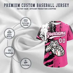 Pink Black White Full-Snap Tiger Graffiti Baseball Jersey 3