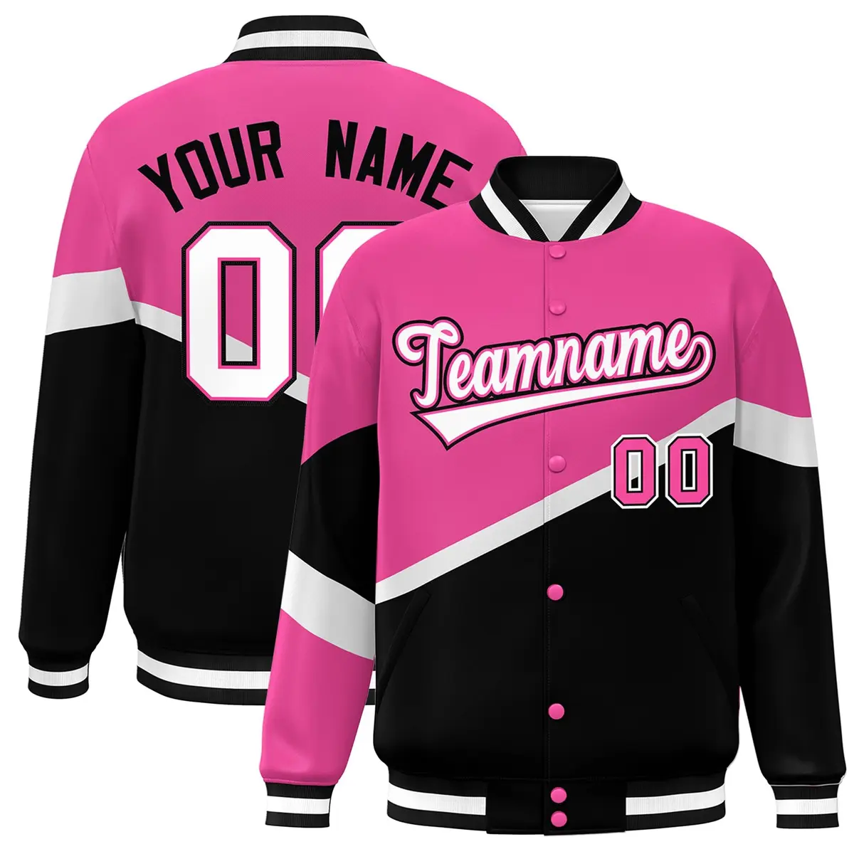 Pink Black White-Pink Color Block Varsity Baseball Jacket