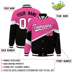 Pink Black White-Pink Color Block Varsity Baseball Jacket 2