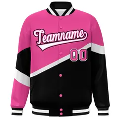 Pink Black White-Pink Color Block Varsity Baseball Jacket 3