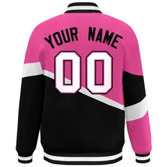 Pink Black White-Pink Color Block Varsity Baseball Jacket 4