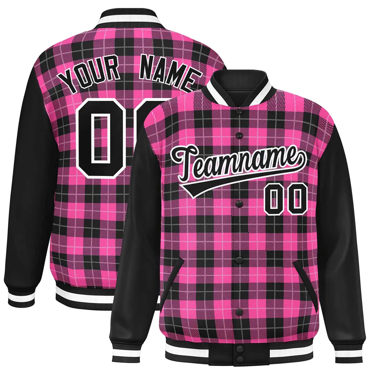 Pink Black-White Plaid Varsity Letterman Baseball Jacket