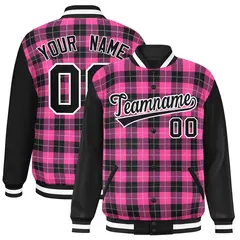 Pink Black-White Plaid Varsity Letterman Baseball Jacket 1