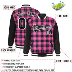Pink Black-White Plaid Varsity Letterman Baseball Jacket 2